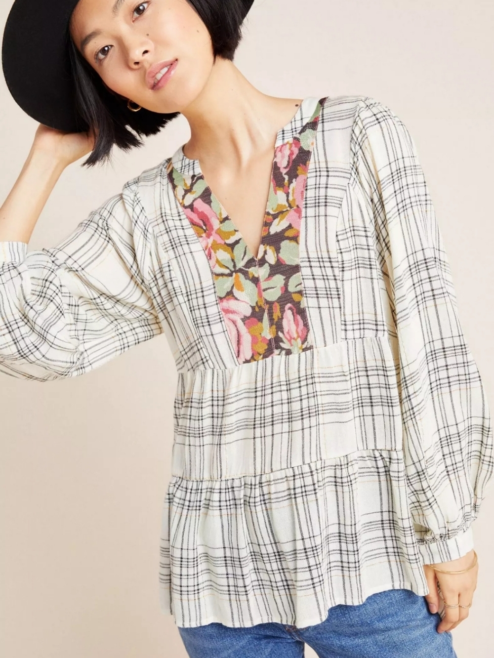 By Anthropologie Darlene Plaid Peasant Blouse Gold & Metallic Floral Neckline S